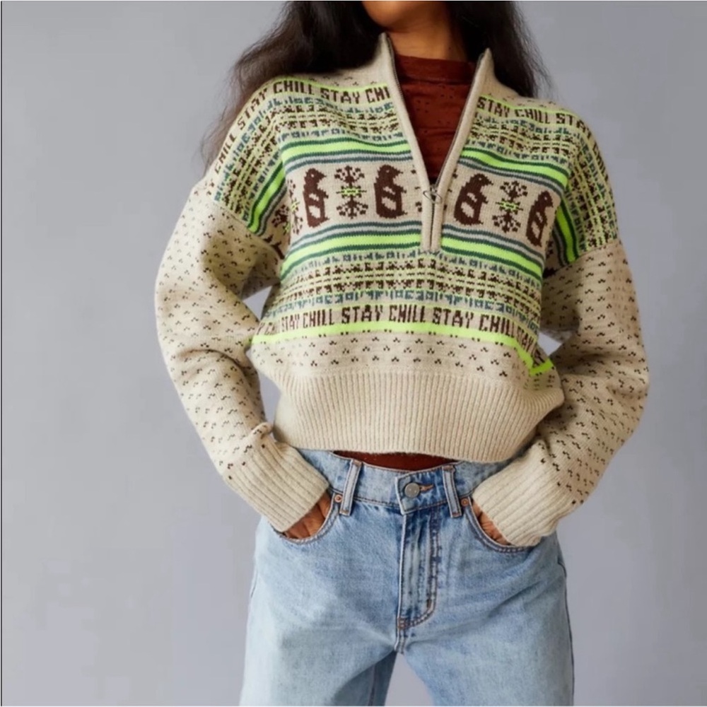Urban Outfitters BDG Jesse Half-Zip Sweater Tan Brown and Neon Green - XS - Picture 2 of 16
